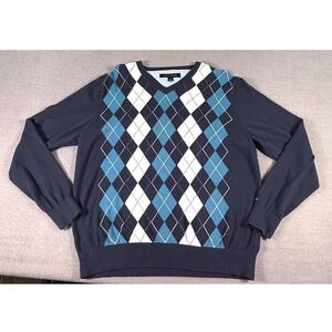 Tommy Hilfiger Argyle Sweater Navy Blue V-Neck Cotton Pullover M Preppy Academia